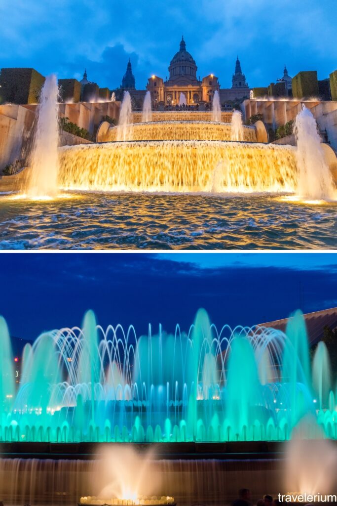 View of fountains looking up towards MNAC (Museu Nacional d'Art de Catalunya), and Magic Fountains in Blue